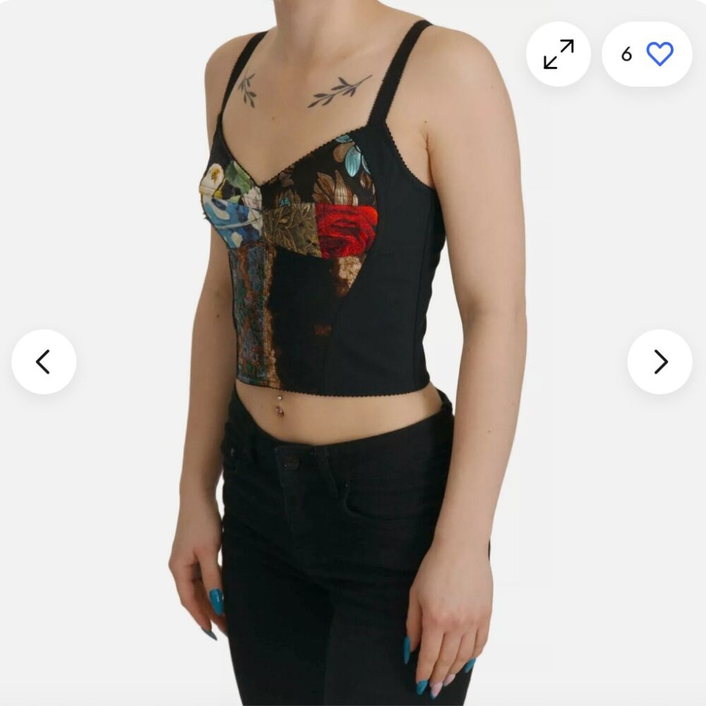 DOLCE & GABBANA Black Floral Patchwork Sweetheart Cropped Top Corset - Picture 4 of 5